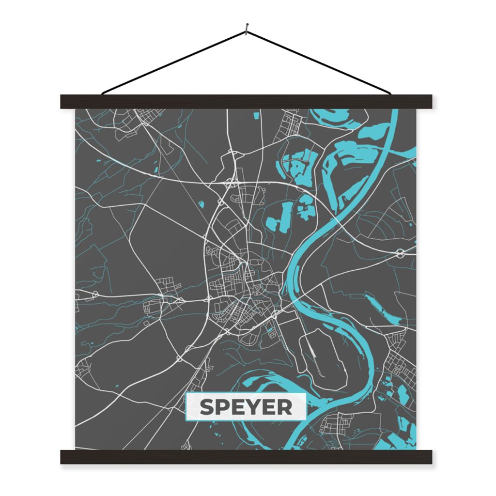 MuchoWow Textilposter Stadtplan - Deutschland - Blau - Speyer - Karte 60x60 cm mit schwarzem Rahmen - Posteraufhänger