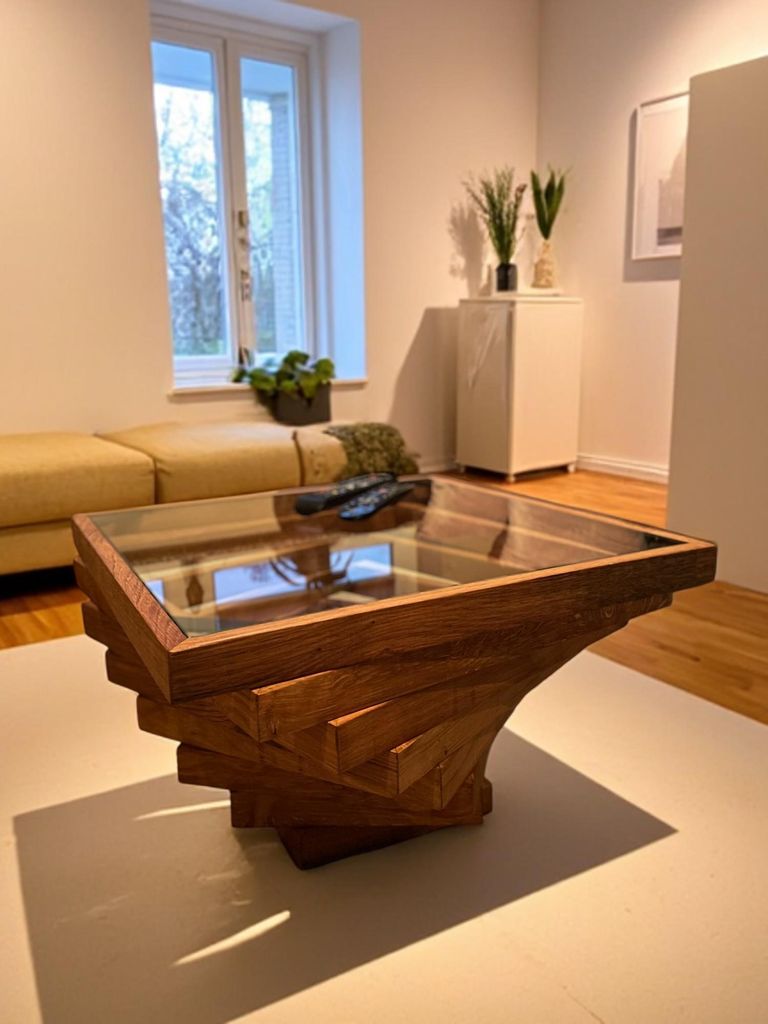 Salontafel van massief eikenhout en veiligheidsglas | Productafbeelding 
