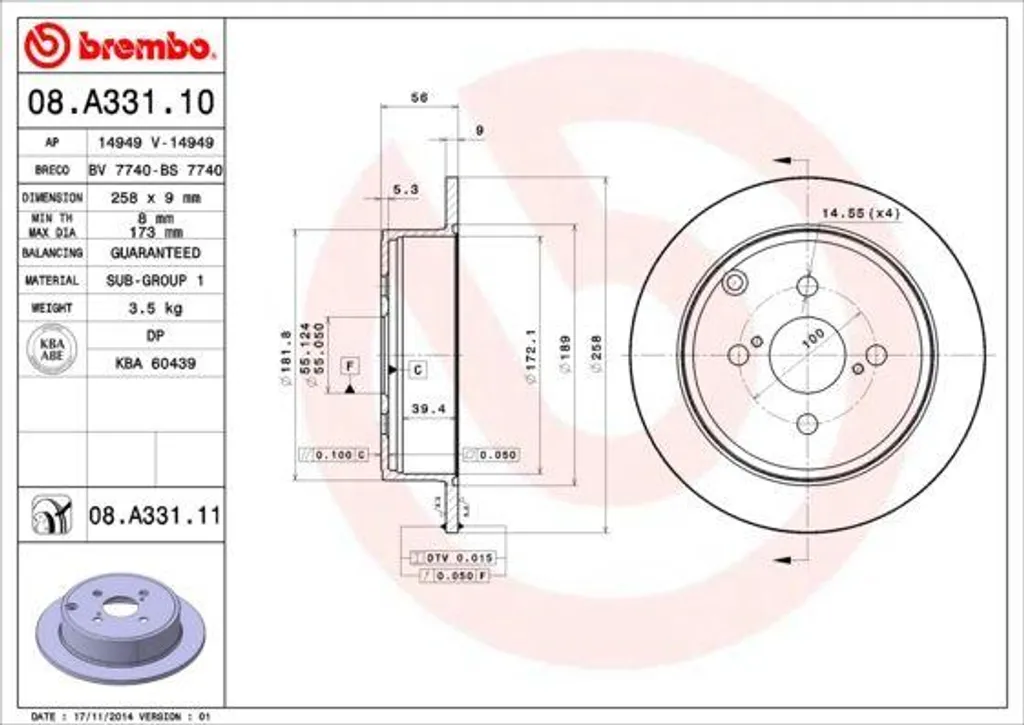 Disque de frein Brembo pour entretien Toyota Corolla E12 - Réf 08.A331.11