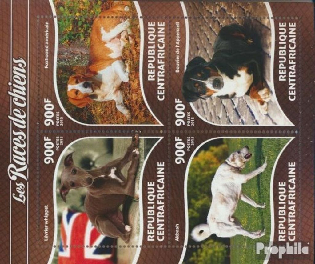 Briefmarken Zentralafrikanische Republik 2015 Mi 5455-5458 Kleinbogen (kompl. Ausgabe) postfrisch Hund