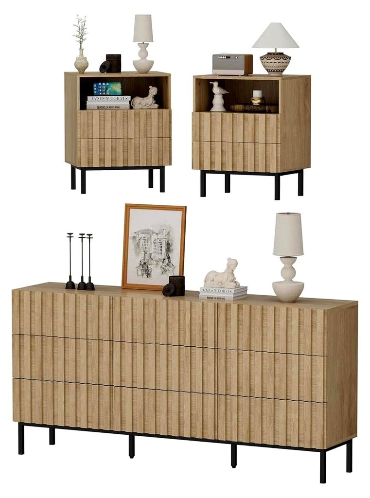Set mit 3 Schlafzimmermöbeln, 1 Kommode mit 9 Schubladen, 2 Nachttischen, großem Stauraum, geräumiger Holzdecke, für Wohnzimmer und Schlafzimme...