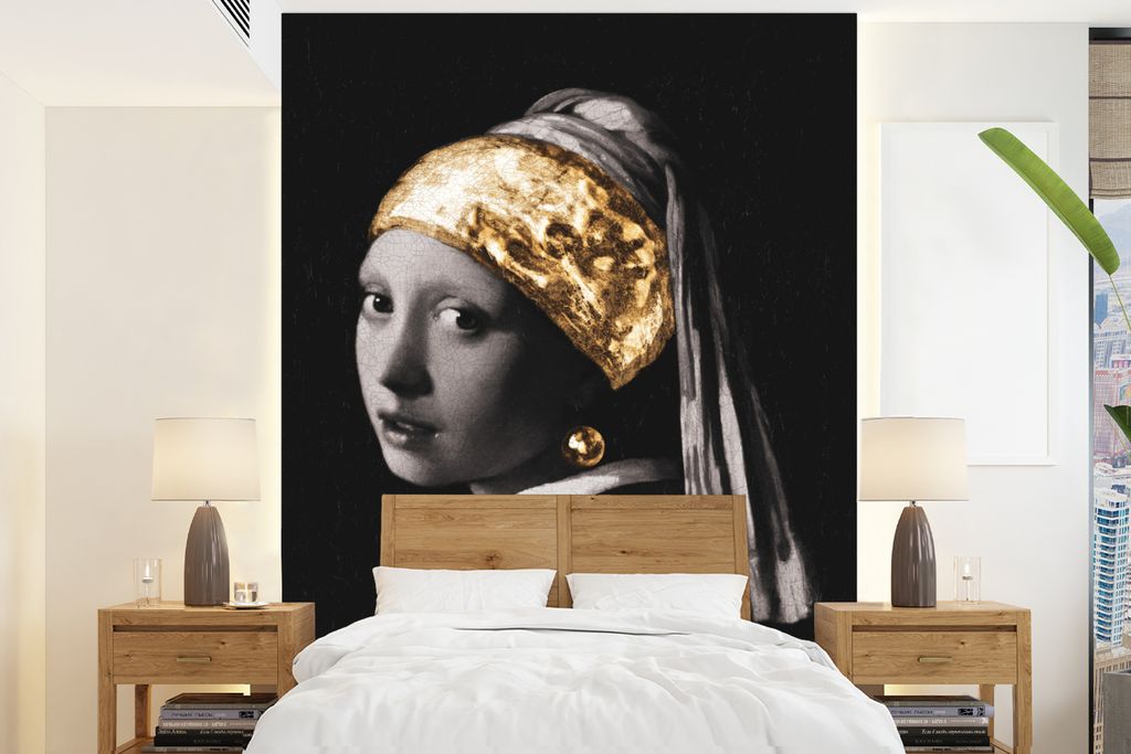 MuchoWow Fototapete für Wohnzimmer oder Schlafzimmer Wandtapete Vinyl Motivtapete Mädchen mit einem Perlenohrring - Vermeer - Gold - 160x220 cm...