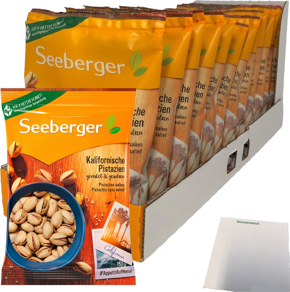 Seeberger Kalifornische Pistazien geröstet und gesalzen VPE (12x150g Packung) + usy Block