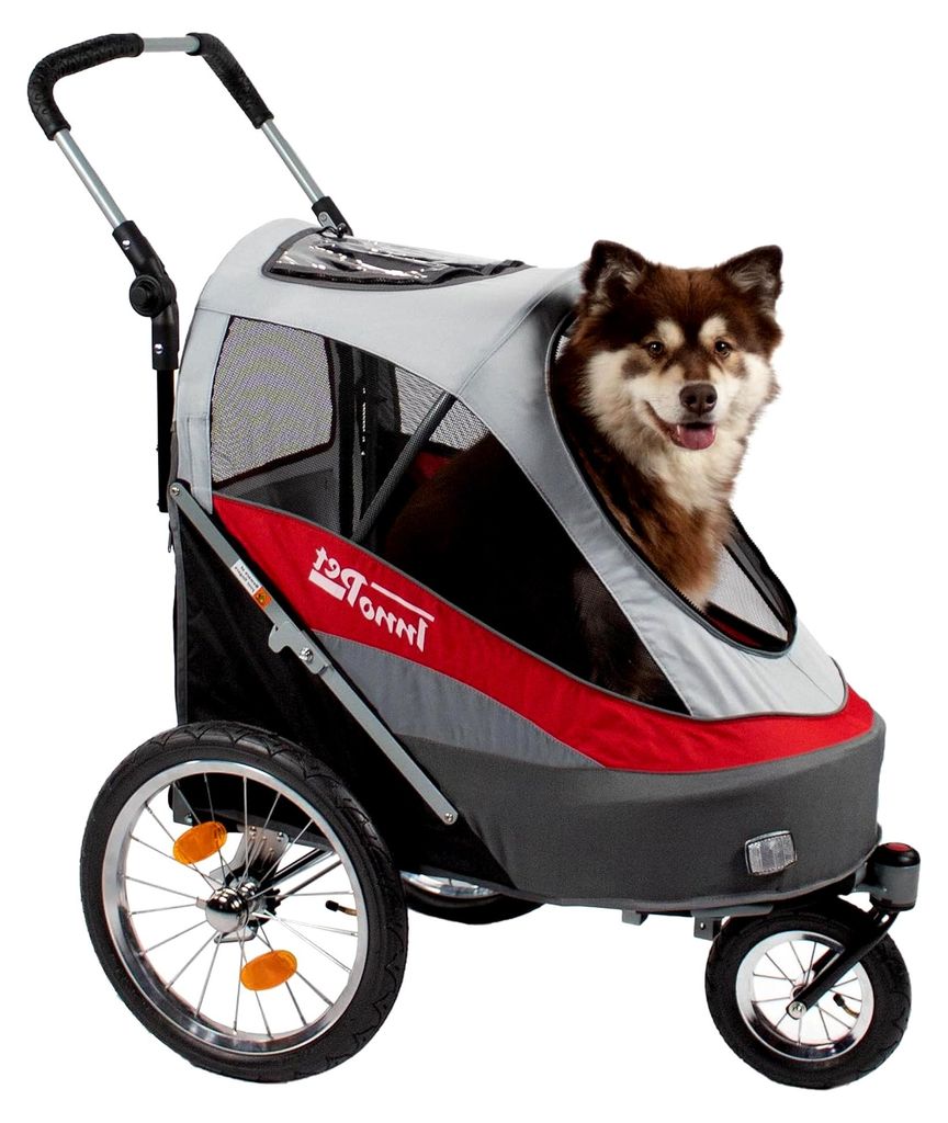 Hundebuggy und Fahrradanhänger für Hunde Sporty Dog Trailer Deluxe - Rot/Weiß - zusammenklappbar - mit Regenschutz - Luftreifen - Fahrradkit ink...