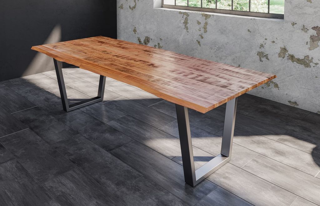Esstisch Dora 260 x 100 cm, Mangoholz massiv, lackiert & naturfarben, Baumkantentisch mit V-Metallgestell in Silber, echte Baumkante, 26 mm