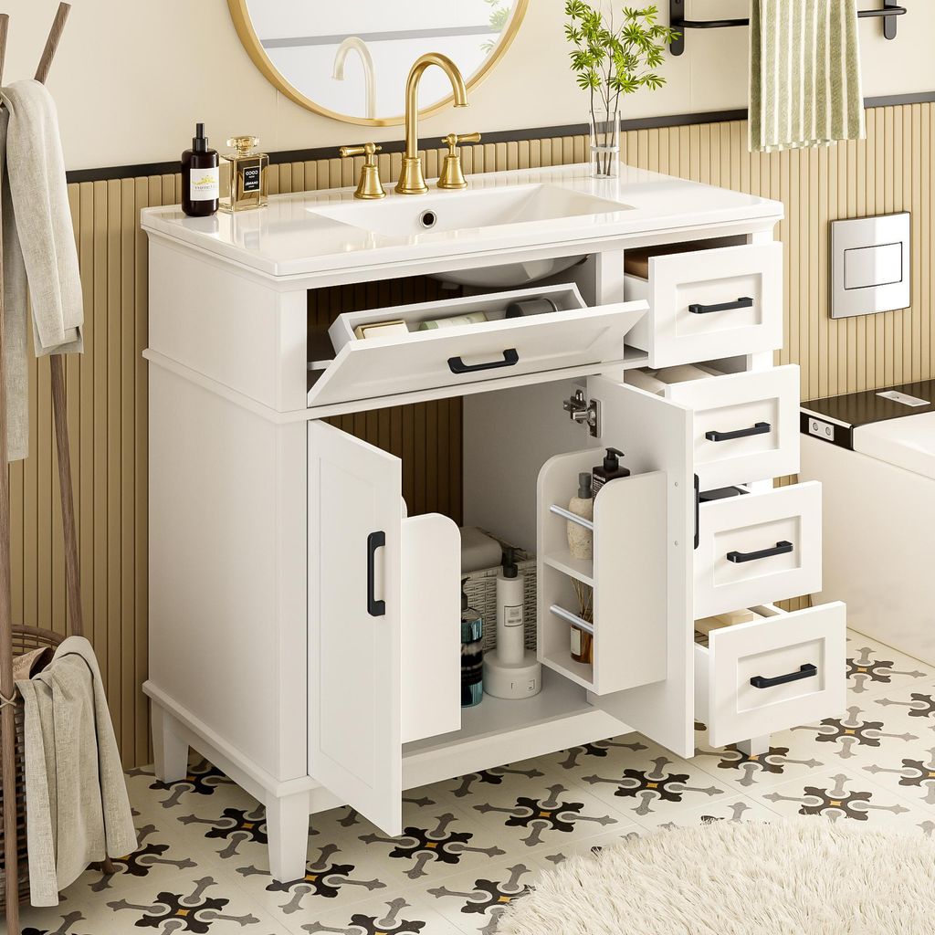 Badezimmer-Unterschrank 90×46×87 cm, weiß lackiert, Keramikwaschbecken, leise Schubladendämpfung, Massivholzbeine, viel Stauraum, goldene Griffe
