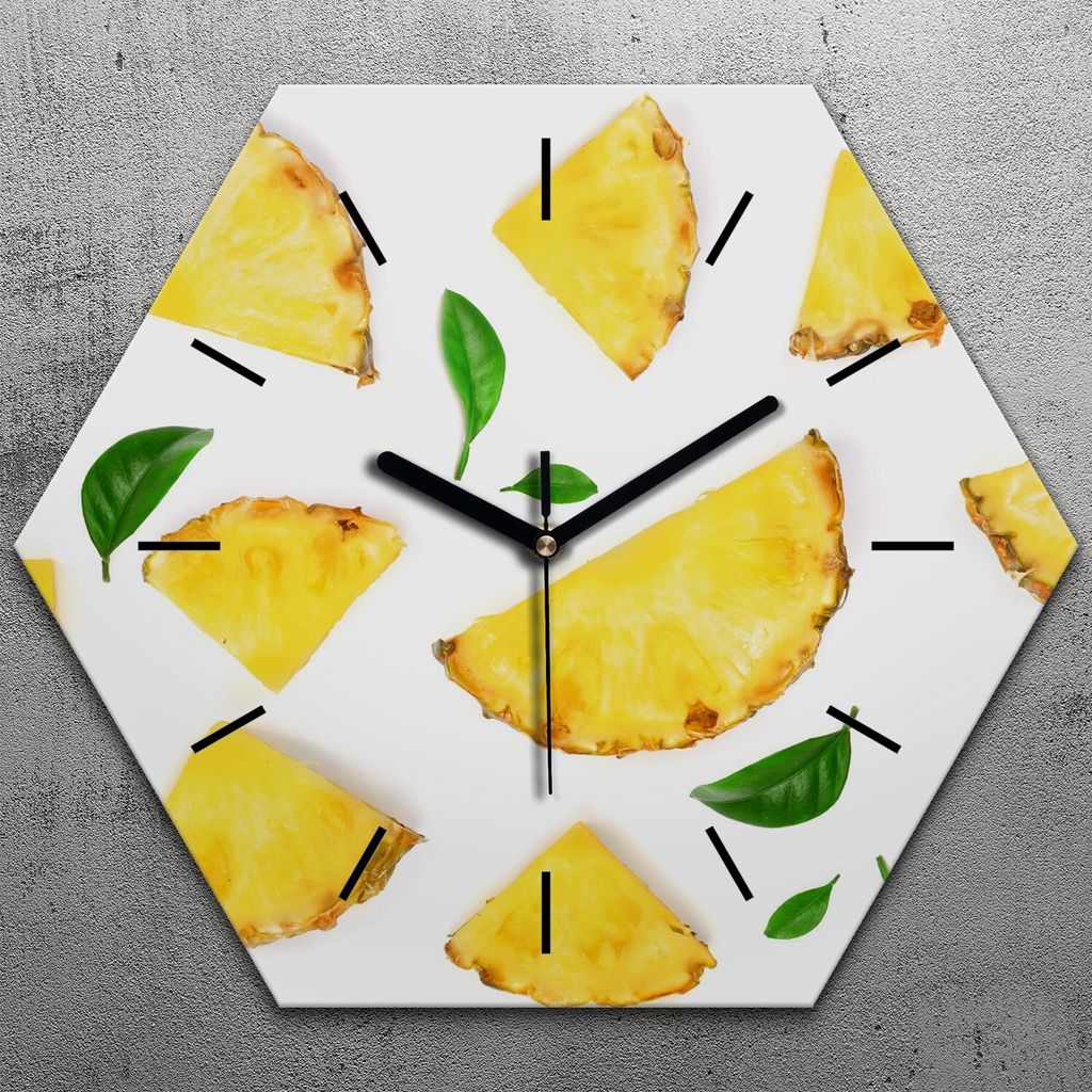 Uhr hexagonal 40 cm Glas Geräuschlos schwarze Zeiger - Weiße Früchte