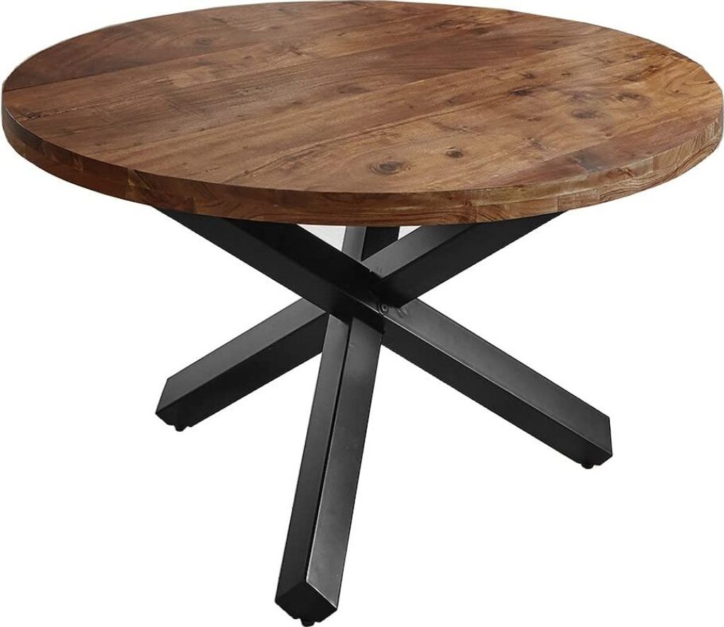 Runder Esszimmertisch 130 cm Runa, Akazienholz massiv, Esstisch nussbaumfarben, Sternfuß aus Metall Mattschwarz, Holztisch mit aufgedoppelter Tisc...