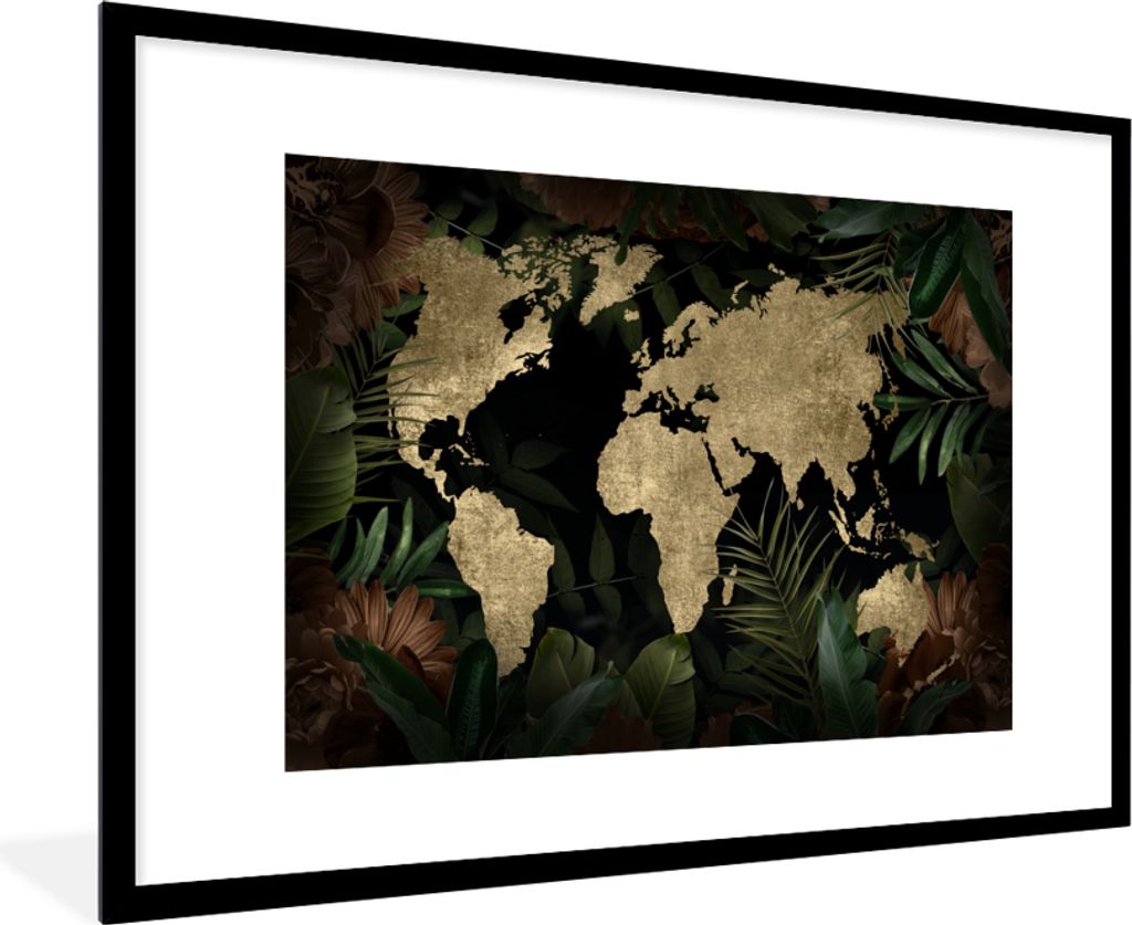 MuchoWow MuchoWow Gerahmtes Poster Weltkarte - Vintage - Pflanzen 90x60 cm - Poster mit zchwarzem Bilderrahmen - Wanddekoration - Fotos