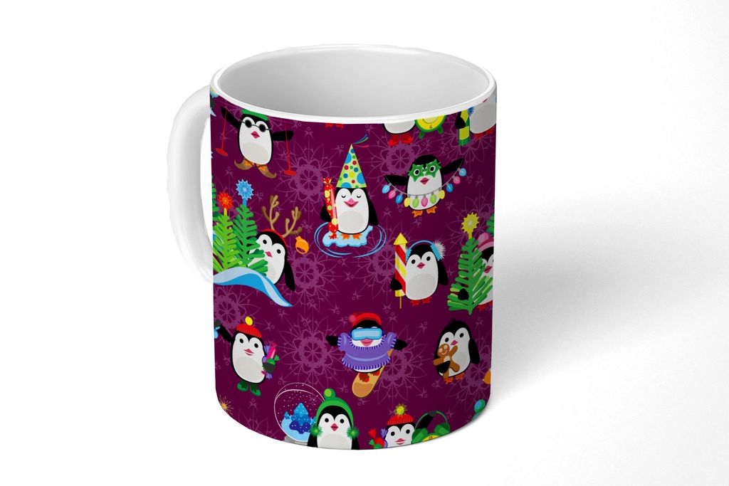 KitchenYeah Tasse Kaffeetasse Kaffeebecher 350 ml Pinguin - Weihnachten - Feuerwerk - Winter - Design Teetasse - Fototasse - Becher - Keramikbech...