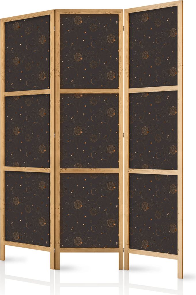 3-teiliger Einseitiger Vlies Japanischer Paravent - Night Sky - Artistic Composition of Suns and Planets on a Black Background 135x172 cm Muster f-...