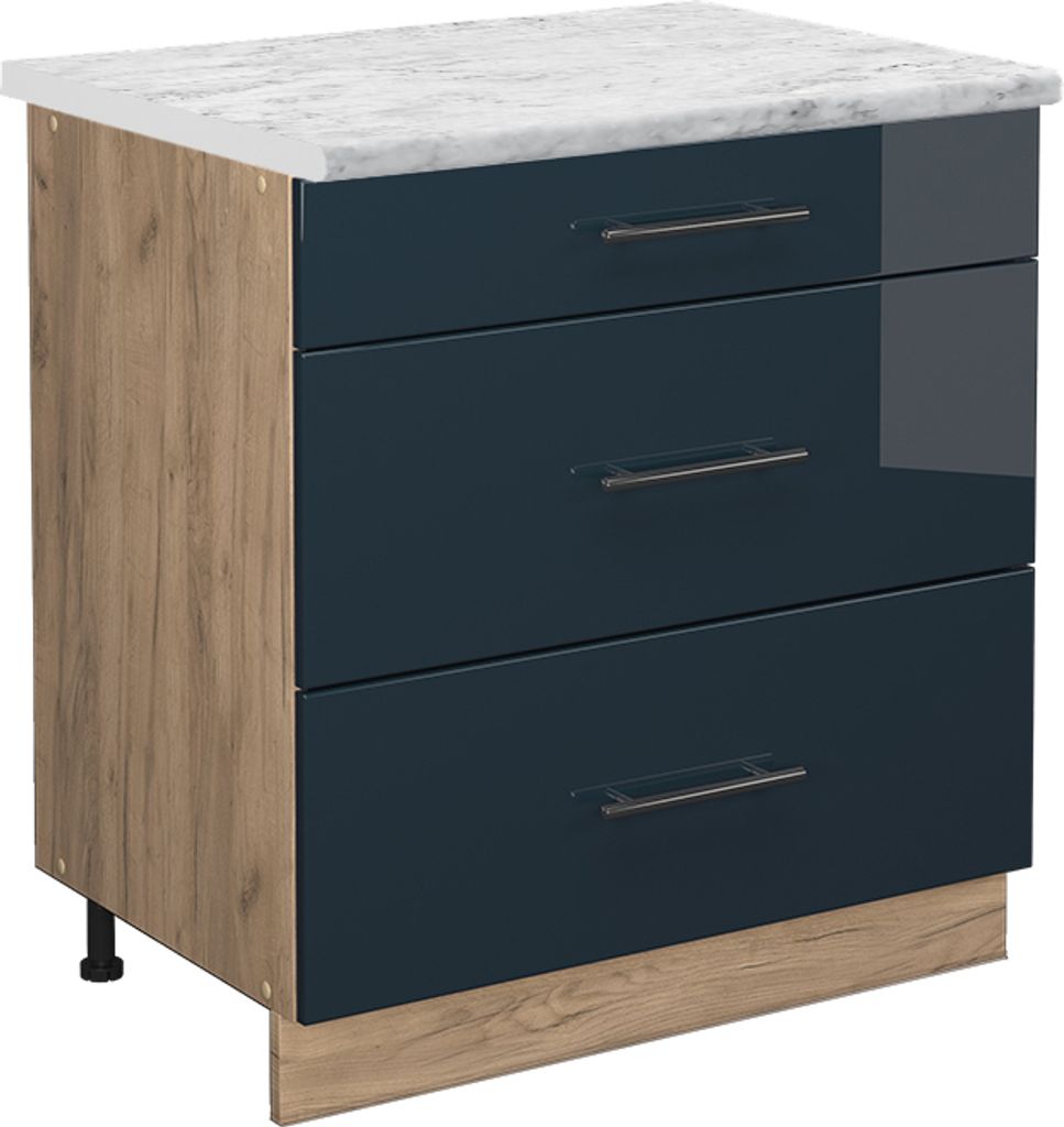 Küchenunterschrank Vicco Fame-Line Dunkelblau Hochglanz 80 cm mit 3 Schubladen, AP Marmor, Model 48901