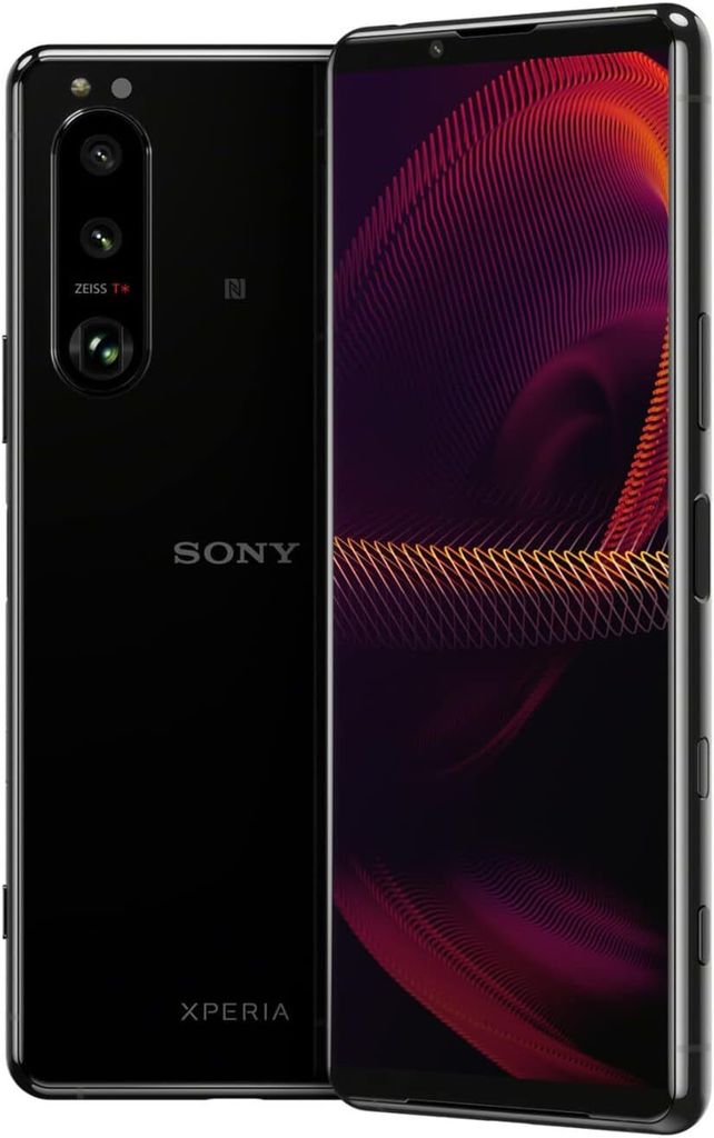 A black Sony Xperia 5 III smartphone is shown from the front and back.