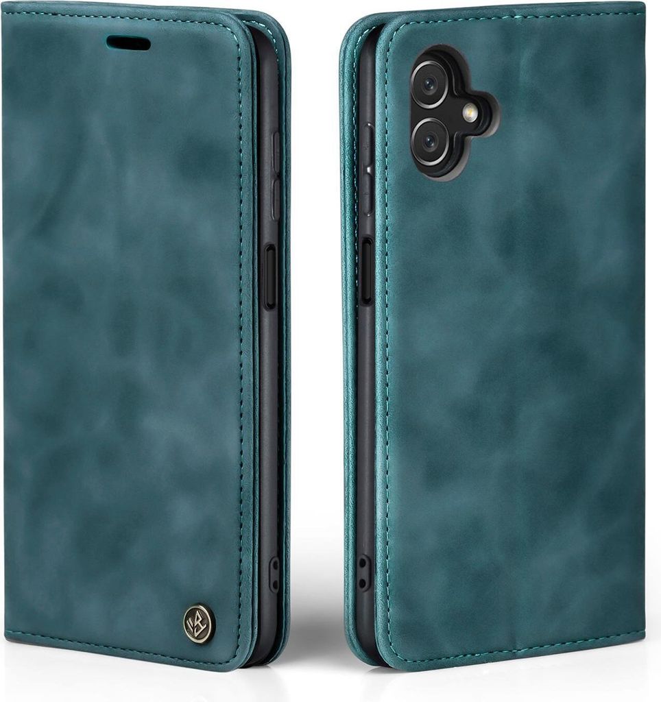 A teal flip case for a Samsung Galaxy A05 phone, shown from the front and back.