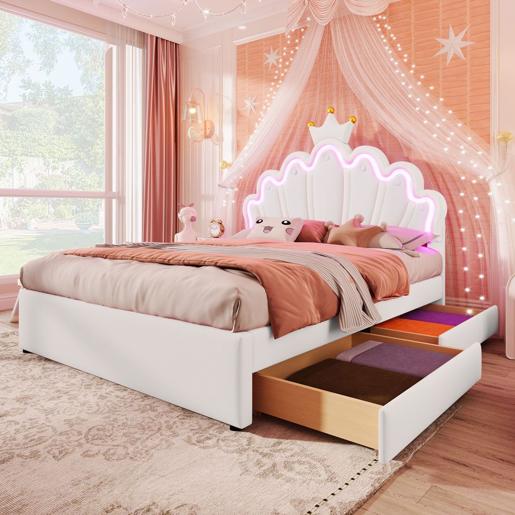 A child's bedroom with a bed decorated in a princess theme.