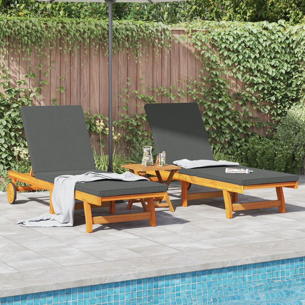 Sonnenliegen 2 Stk. mit Rädern und Kissen Massivholz Akazie, Gartenliegen DesignMöbel Neu