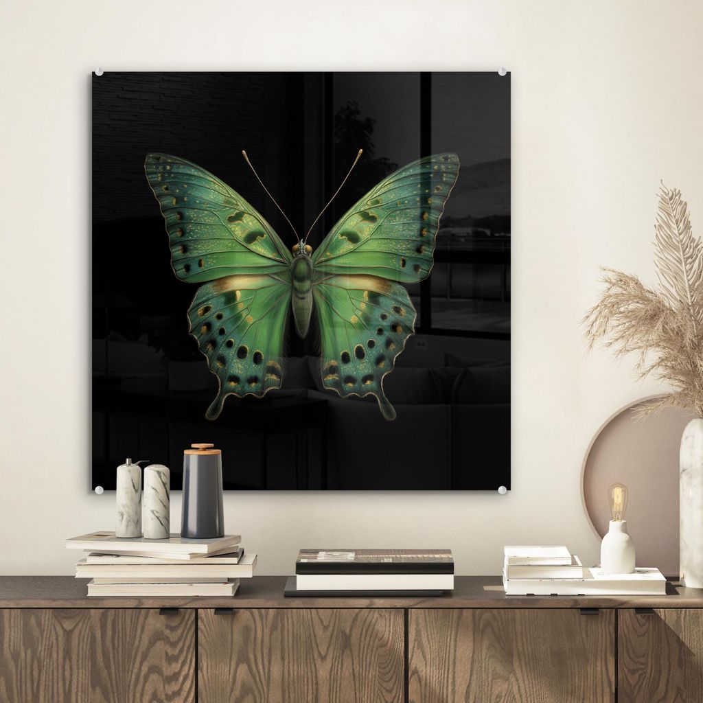 MuchoWow Glasbilder - Bilder auf Wandbild - Foto auf Glas Schmetterling - Grün - Tiefe 50x50 cm Wanddekoration aus Glas - Acrylglasbild - Acrylbil...
