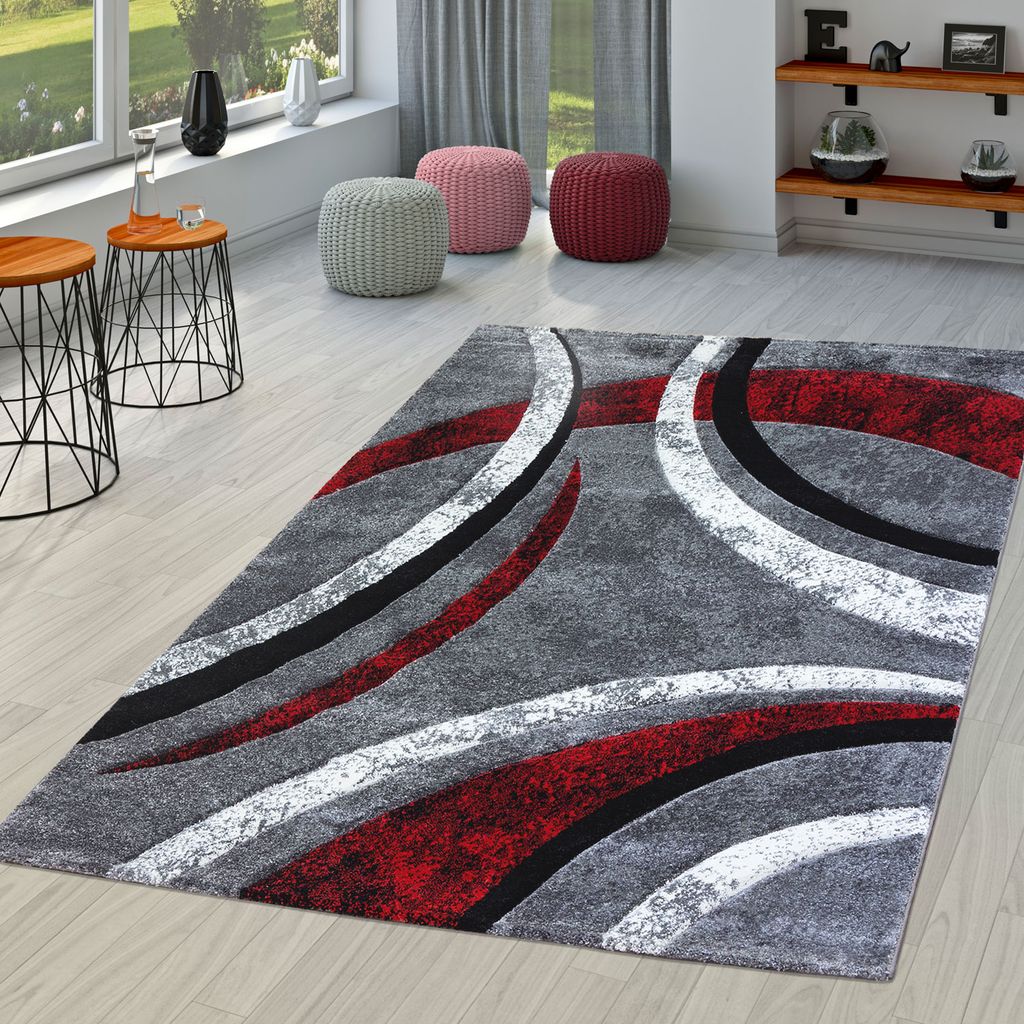Teppich Wohnzimmer Modern Palermo mit Konturenschnitt in Grau Rot Schwarz Creme 