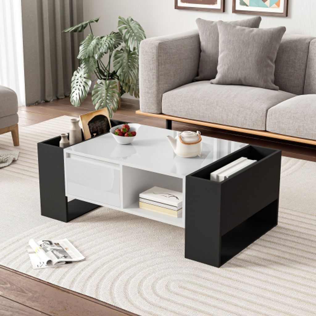 ProximaX Couchtisch: 105x60x40,5 cm, Schwarz - Weiß - Design, glänzende Oberfläche, Schublade & offene Fächer