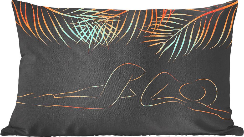 MuchoWow Zierkissen Sofakissen Wohnzimmer Dekokissen 50x30 cm Frau - Palmwedel - Gold - Strichzeichnung - Wohnzimmerdekoration - Polster mit Photo