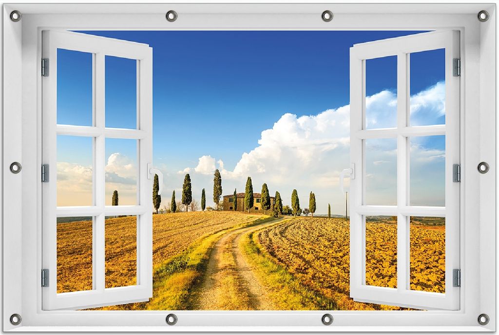 Wallario Outdoor-Poster für Garten oder Balkon 80 x 120 cm: Italien - Toskana unter blauem Himmel einsame Farm