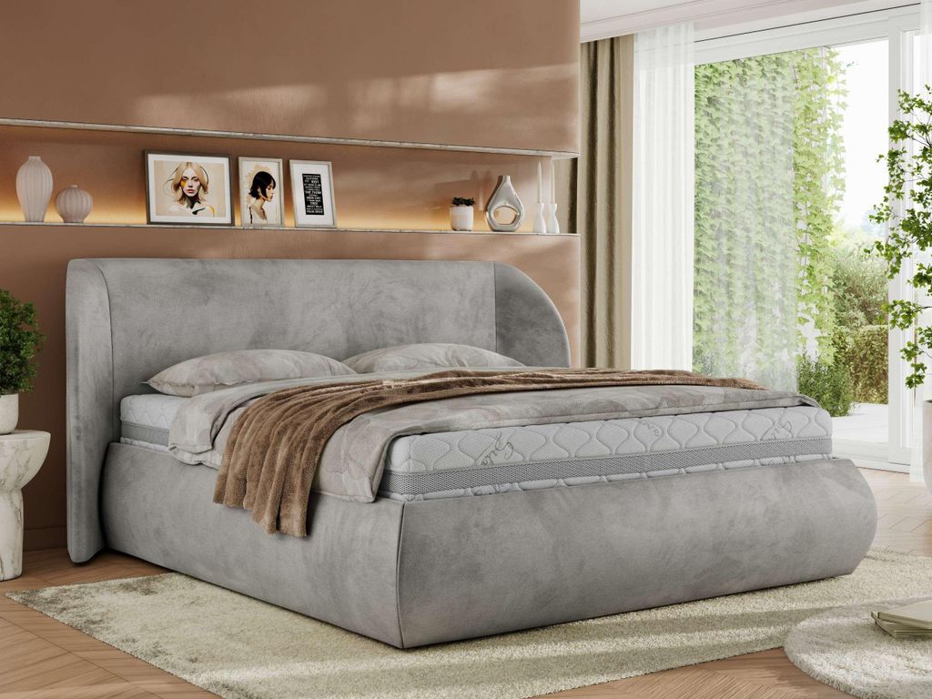 MKS MEBLE Polsterbett mit Bettkasten CAELA CLASSIC Bett mit Stauraum und Gasdruckfeder Doppelbett 180x200 Hellgrau Velvet