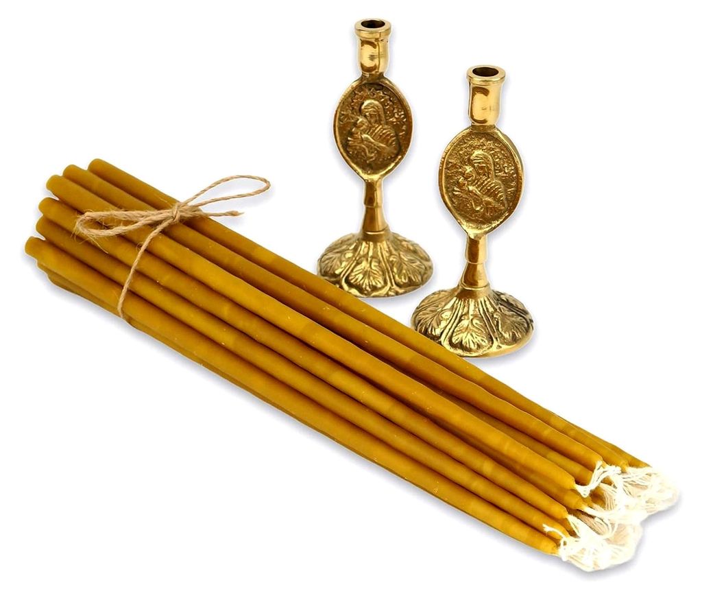 Set aus 2 Messing-Kerzenhaltern im Theotokos-Design und 20 Kirchenkerzen aus reinem Bienenwachs