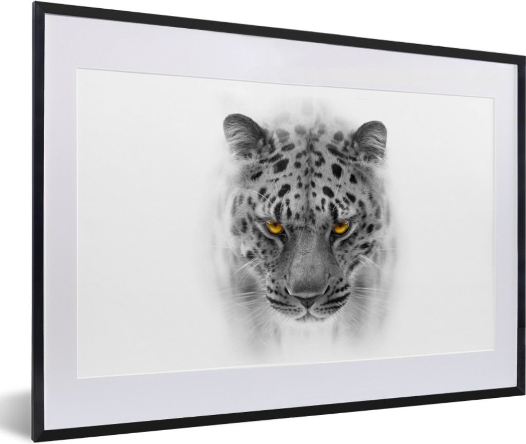 MuchoWow Gerahmtes Poster Leopard - Schwarz - Weiß - Kopf 60x40 cm - Poster mit Schwarzem Bilderrahmen Wandposter Rahmen Foto Bilder - Schlafzim...