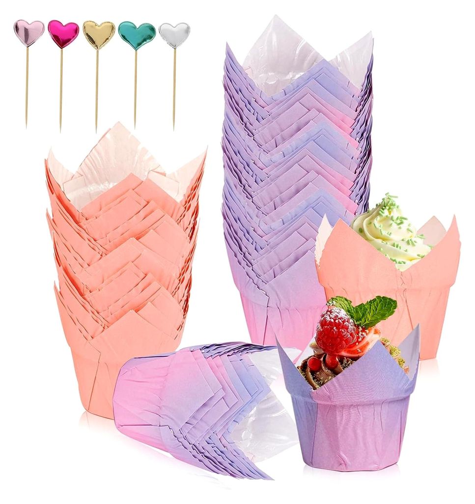 Papier Muffinförmchen, 100 Stück Cupcake Förmchen mit 50 Stück Kuchendekorationen, Tulpen Muffinförmchen für Geburtstagsfeiern und Hochzeiten...