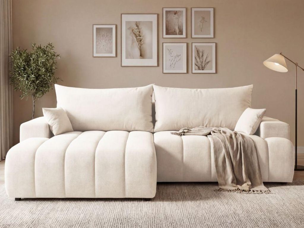 GrainGold Ecksofa L-Form Links Caleo - Ecksofa mit Schlaffunktion und Bettkasten - Moderne Ecksofa, Wohnzimmer Ecksofa - Eckcouch Creme (Komodo 10)