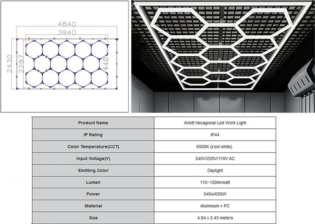 Éclairage de garage hexagonal puissant 3,94 x 2,29 m à haute luminosité