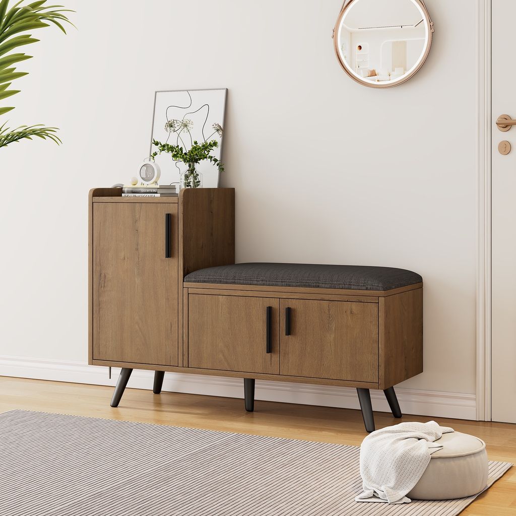 MODFU Schuhschrank Schuhkommode mit Sitzfläche, Schuhwechselbankn mit drei Stauraumtüren, Schuhregal für Flur, Wohn- und Schlafzimmer, 100x34x69...