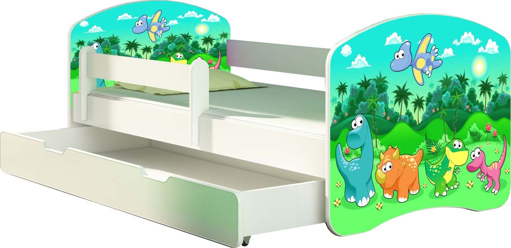 ACMA Jugendbett Kinderbett Junior-Bett Komplett-Set mit Matratze Lattenrost und Rausfallschutz Weiß 30 Dino 160x80 + Bettkasten