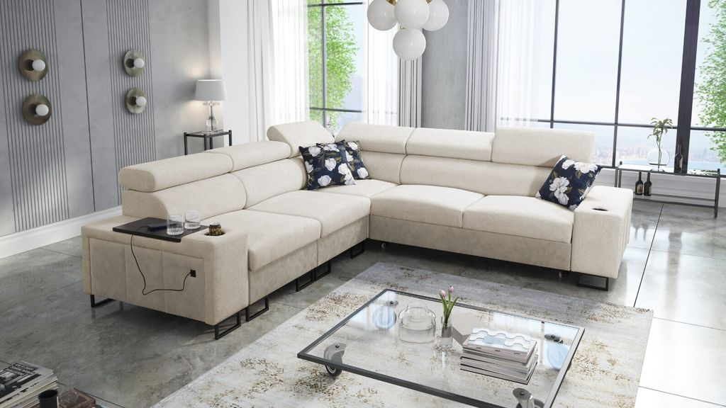 Kaiser Möbel L-förmiges Ecksofa mit Schlaffunktion MELODY III, mit Bar Tauro/Freya Beige Links