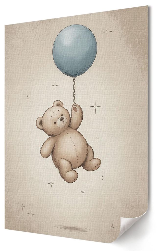 Teddybär mit einem Ballon- Kunstdruck A2 (42x59 cm) - Kindisch, romantisch- Wandbild für Wohnzimmer Schlafzimmer & Flur, Modernes Poster Wanddeko...