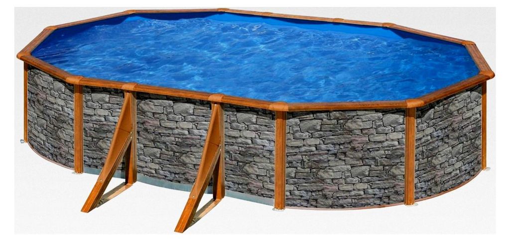 Gre Giant oval 375x730x120cm (Ø x H), Stahlwandbecken Stein/Holz, Poolplane blau 0,4mm, Handlauf extra breit, inkl. Skimmer-Set und Leiter, Swimmi...