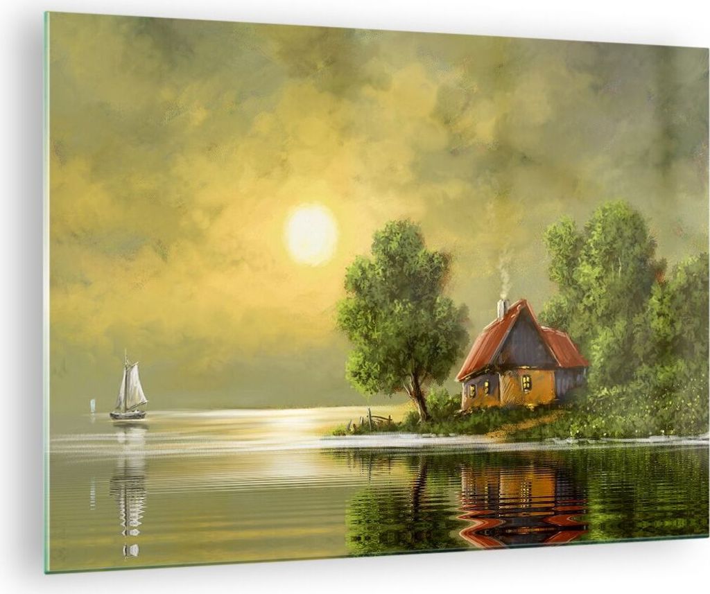 Bilder auf glas - Boot Wasser Hütte - 70x50cm - Glasbilder - Wandbilder - Kunstdruck - zum Aufhängen bereit - Wanddekoration aus Glas - Glas Bild...