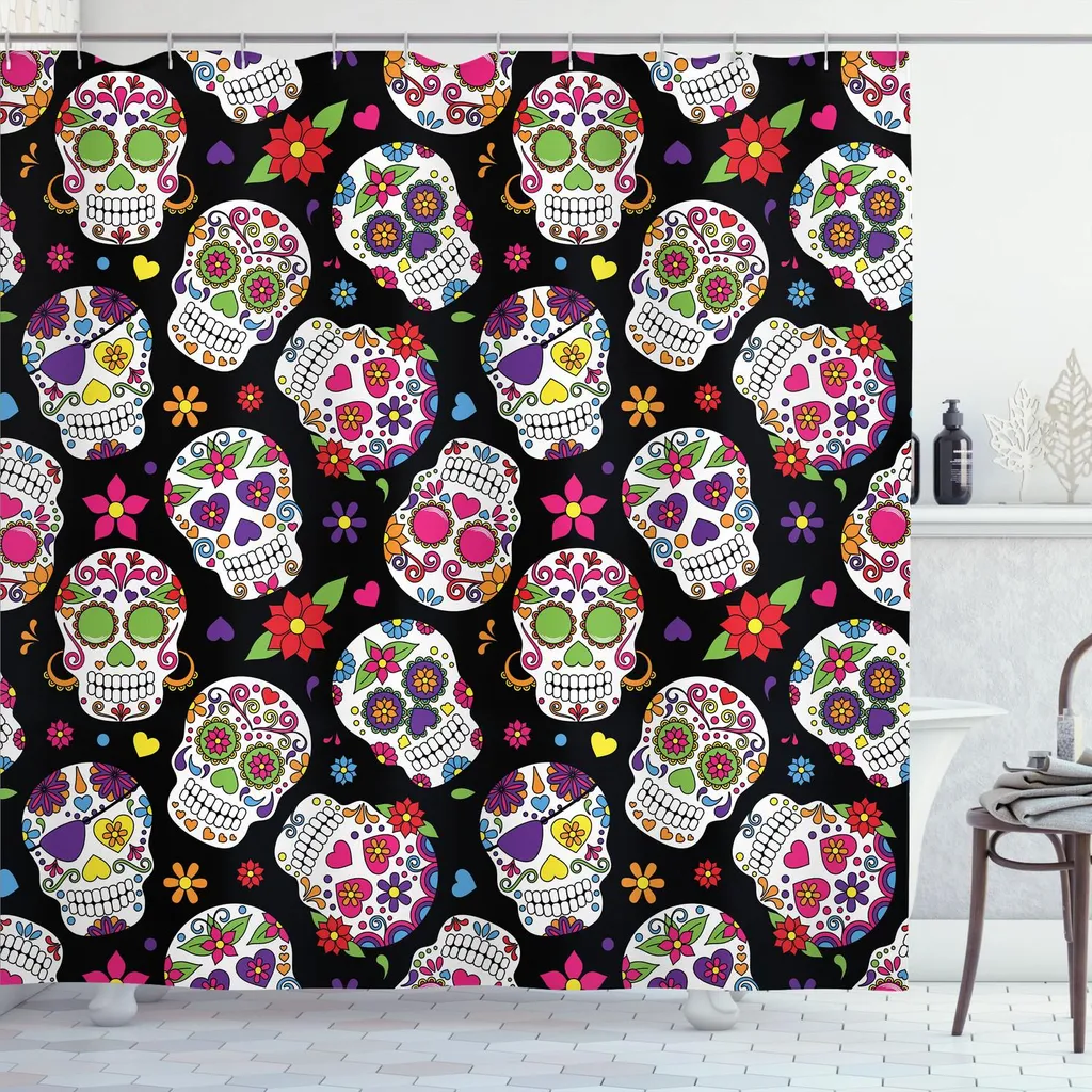 Offerta Tenda Doccia ABAKUHAUS 175x200 - Sugar Skull Design Messico