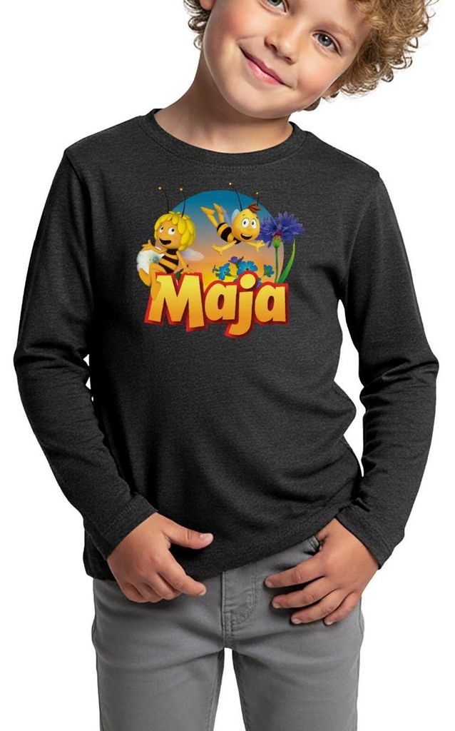 Spreadshirt Biene Maja Zusammen mit Willi Kinder Premium Langarmshirt, 122/128 (6 Jahre), Anthrazit meliert