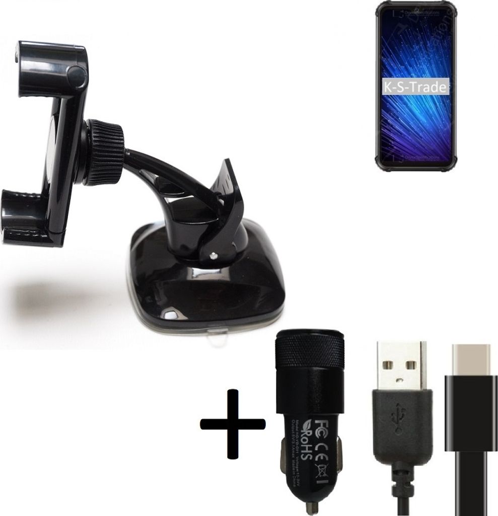 K-S-Trade Handy-Halterung kompatibel mit Blackview BV9800 Pro Windschutzscheibe / Armaturenbrett + LADEGERÄT mit Mico USB Kabel Autohalterung