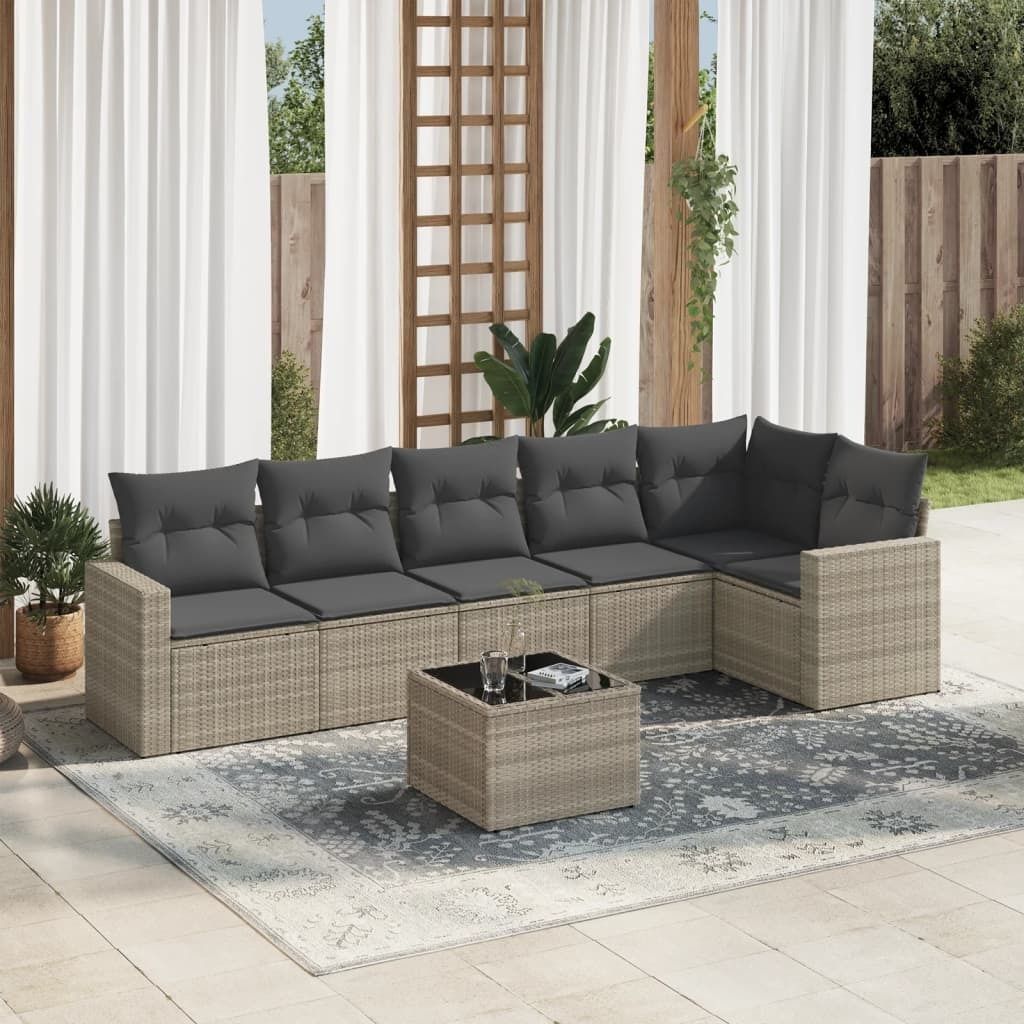 Industrie-Stil 7-tlg. Garten-Sofagarnitur Sofa Set mit Kissen Hellgrau Poly Rattan Terrassenmöbel2024 cloris