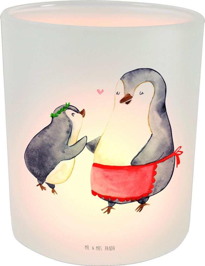Mr. & Mrs. Panda Glas Teelichthalter Pinguin mit Kind - Transparent - Geschenk, Muttertag, Windlicht aus, Familie, Vorbild Mama, Mutter, kerzenhalt...
