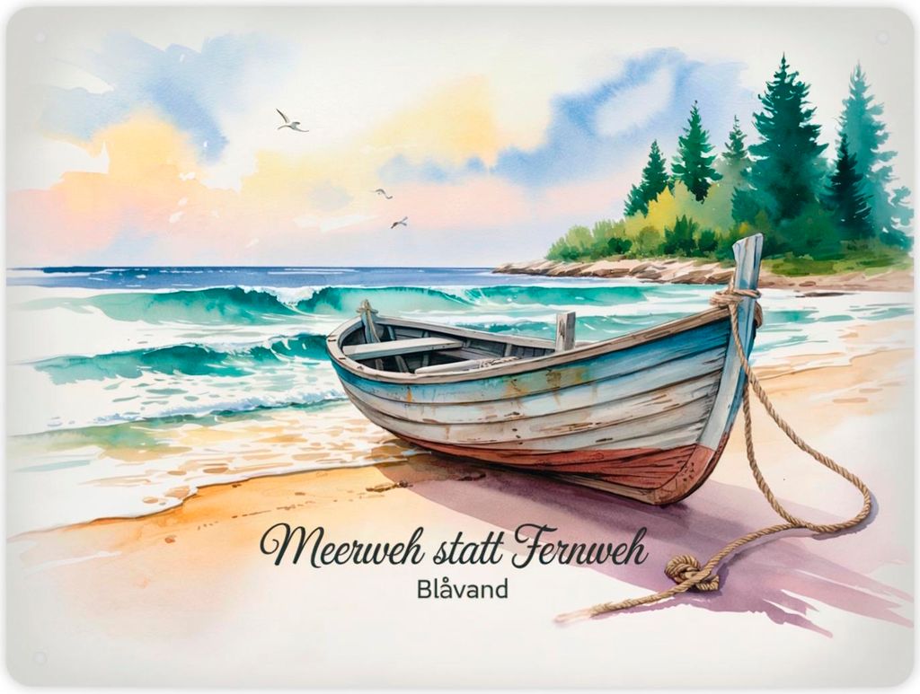 Meerweh statt Fernweh Blåvand Metallschild XL in 21x28 cm mit Holzboot