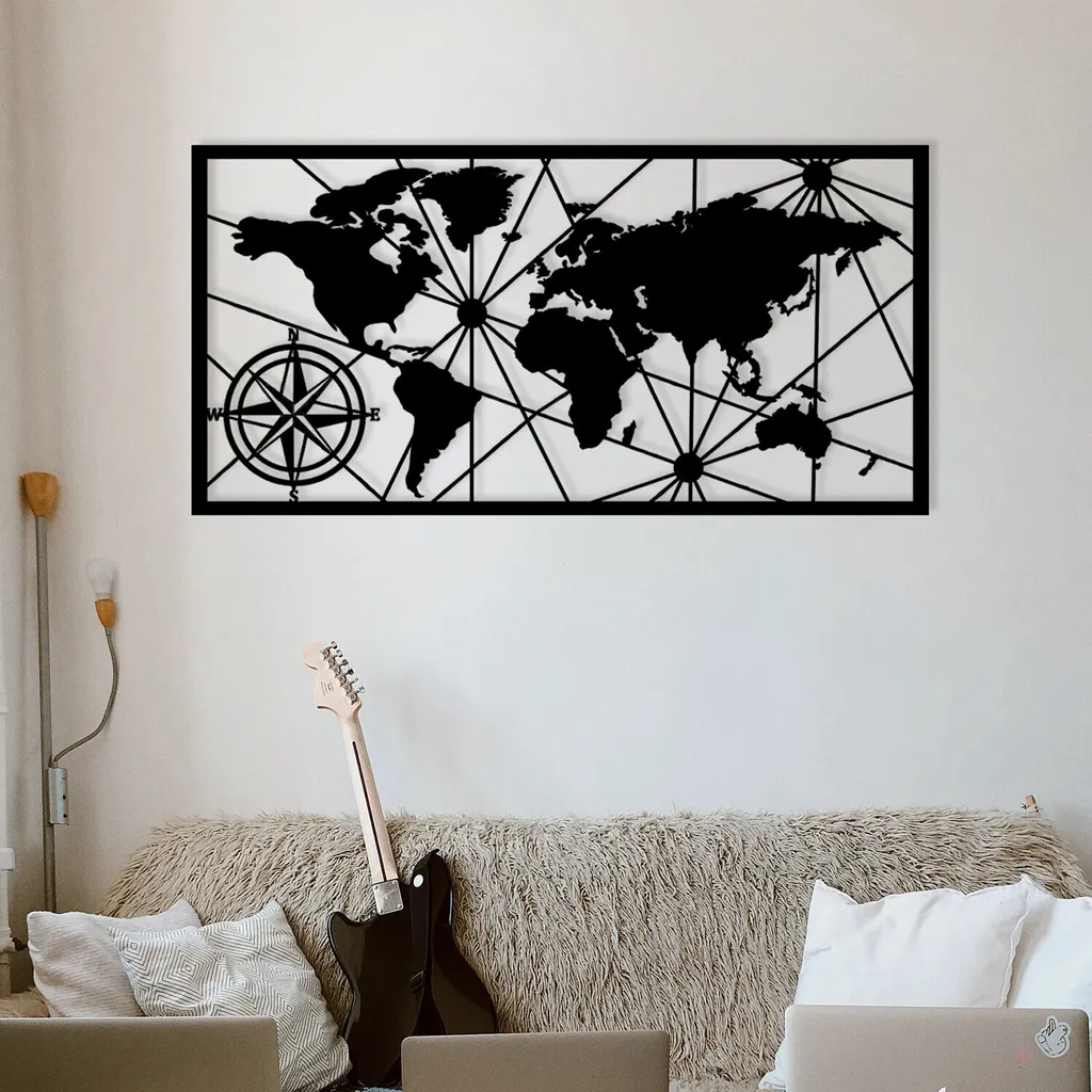Decorazione in Metallo Mappa del Mondo 9, Metallo, Nero, EPIKASA