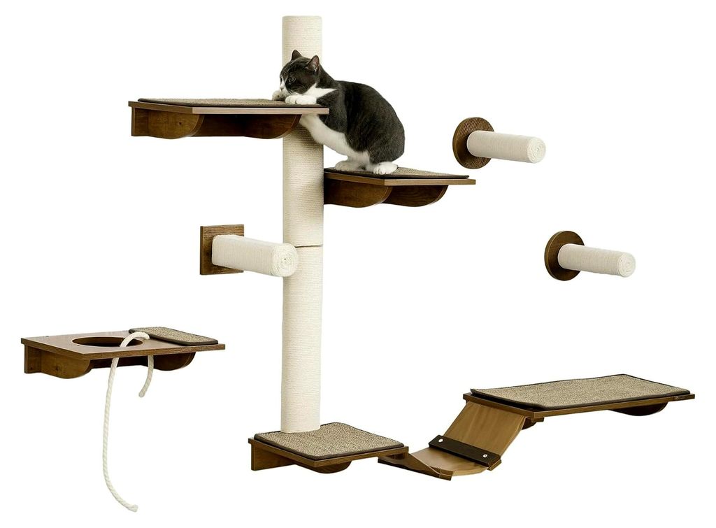 Katzenkletterwand 8-teilig, Sisal Kratzstämme, Plattformen, für kleine Wohnungen, bis 8 kg Belastung