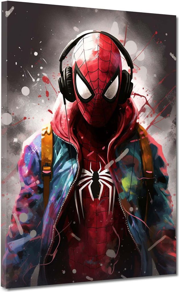 Spider Man Kopfhörer Comic Leinwandbild Wandbild Deko Kunst XL: 75x100x4cm