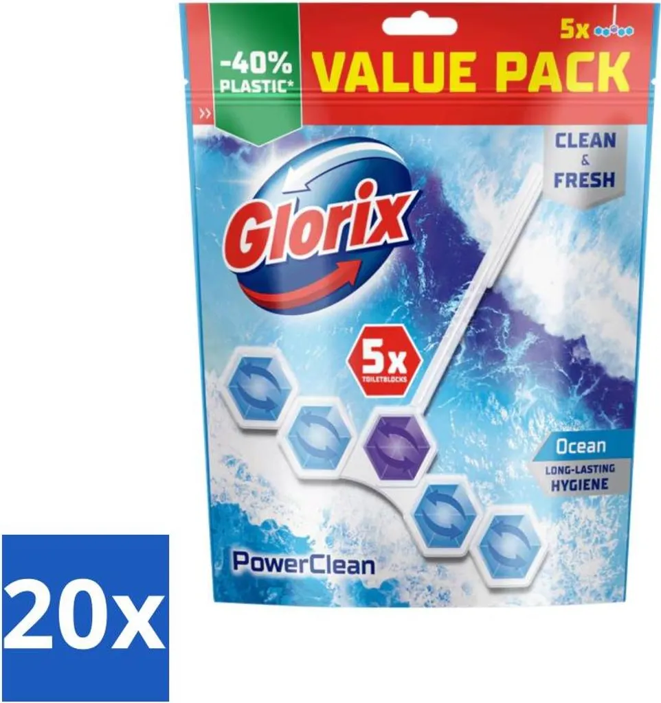 Bloc WC Nettoyant Glorix Power Clean Océan - 20 Pièces Longue Durée
