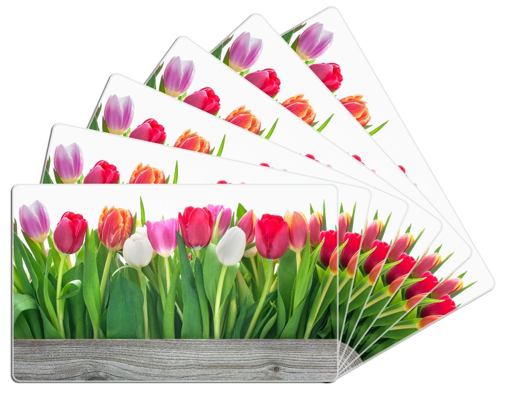 Wallario Frühstücksbrettchen 6er Set aus Glas, je 14 x 23 cm, mit rutschfesten Füßen, Motiv Rote weiße und pinke Tulpen im Frühling