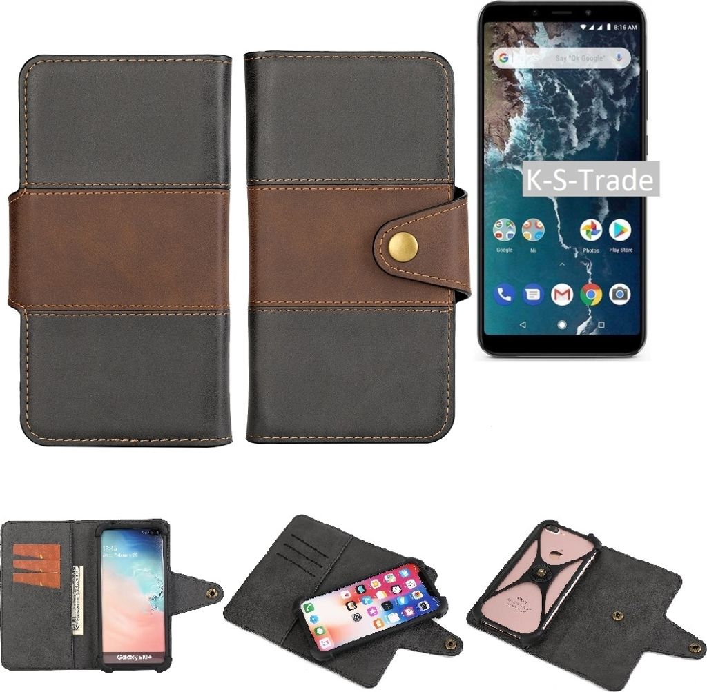 K-S-Trade Handyhülle Schutzhülle Hülle Bookstyle Wallet-Case kompatibel mit Xiaomi Mi A2 Bumper Rundumschutz schwarz-braun 1x