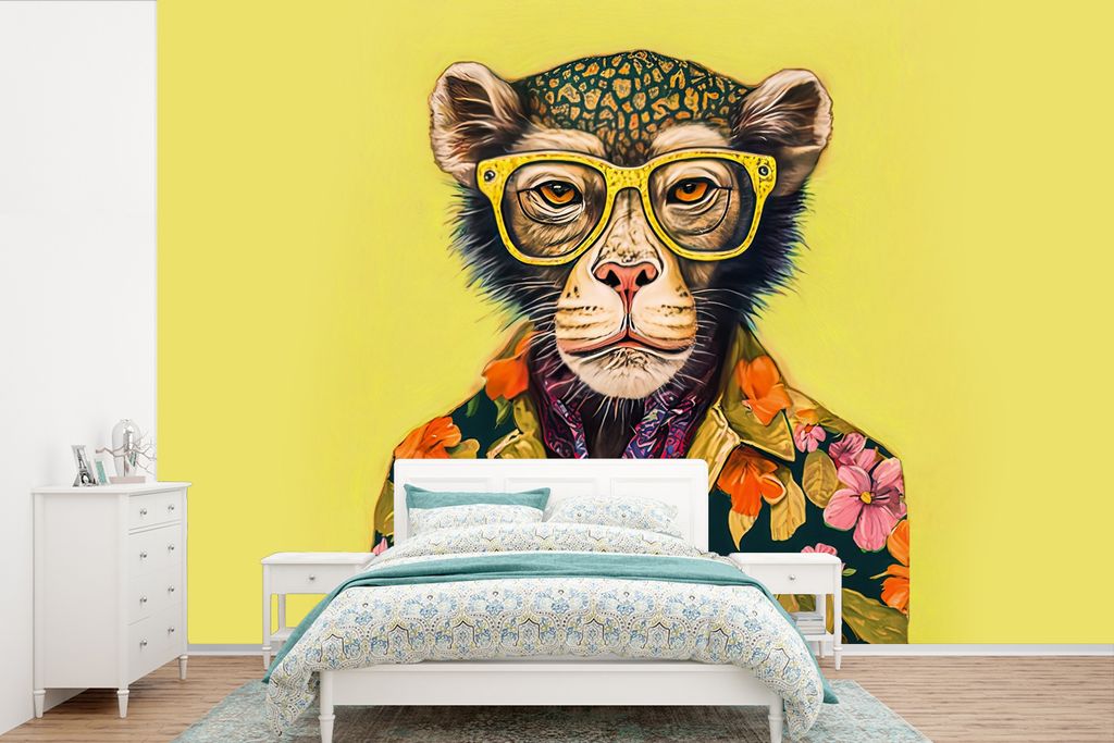 MuchoWow Fototapete für Wohnzimmer oder Schlafzimmer Wandtapete Vinyl Motivtapete Affe - Tiere - Brillen - Design - Blumen - 330x220 cm - Fotota...